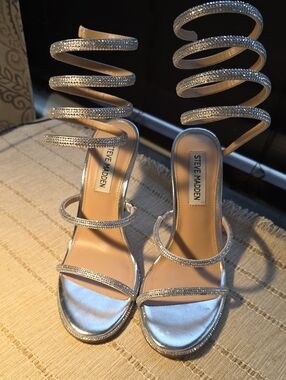 Steve Madden Silver Spiral-Strap Rhinestone Heels